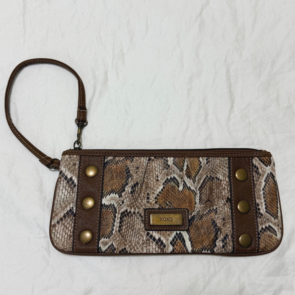 XOXO Snakeskin Print Wristlet Clutch Brown Faux Leather Studded Bag Y2K